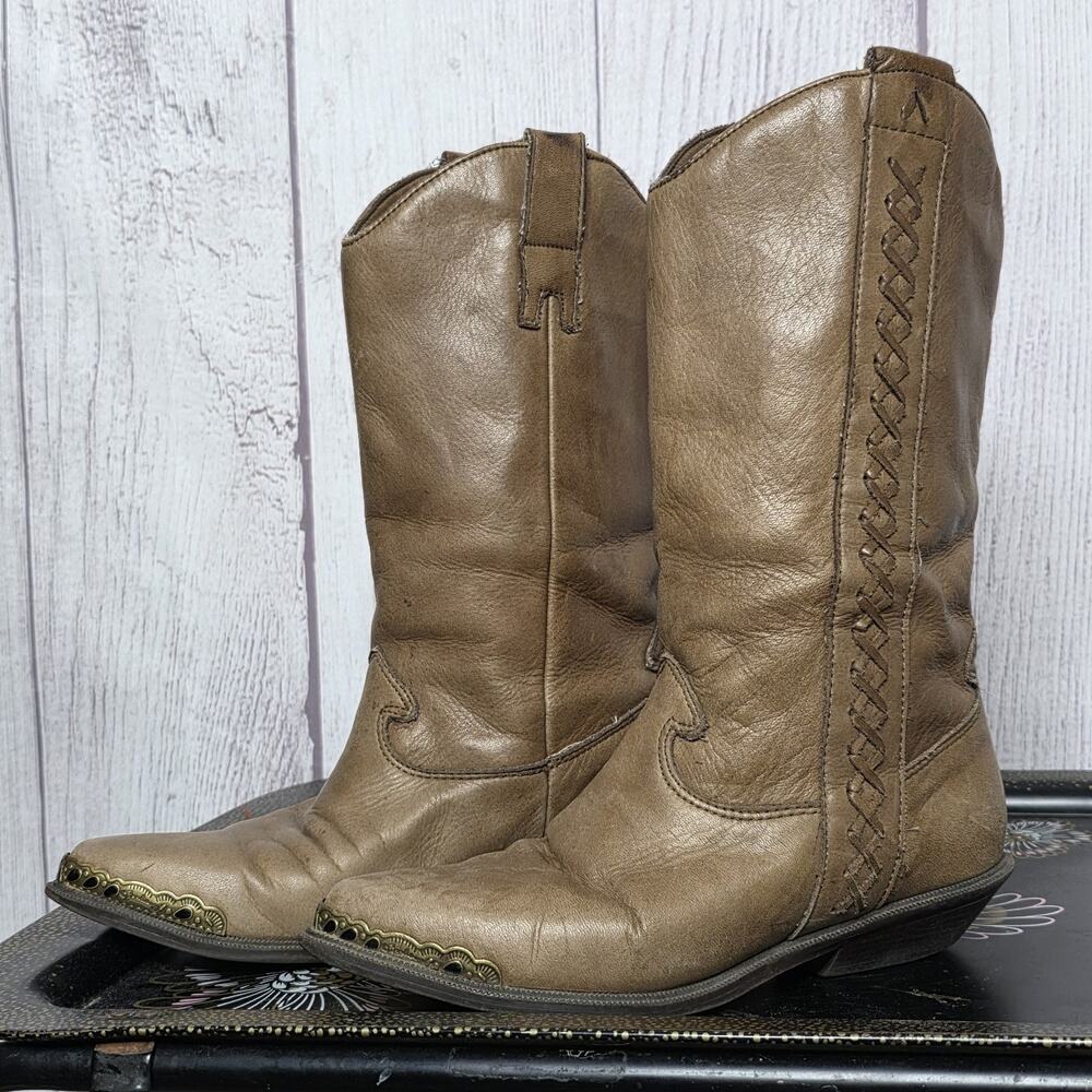 Vintage Zodiac Cowboy Boots 6M Leather Cutter Toe Metal Tip Western Boho